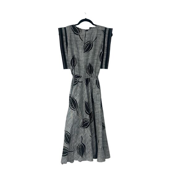 Vintage Choon Gray Leaf Print Dress Full Circle Boho Midi XS - Picture 3 of 9